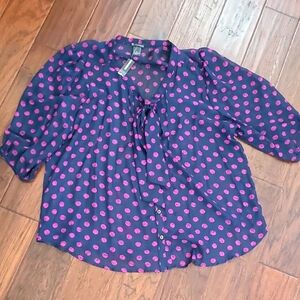 NWT New Directions Sheer Navy Blouse with Pink polka-dots size 2X